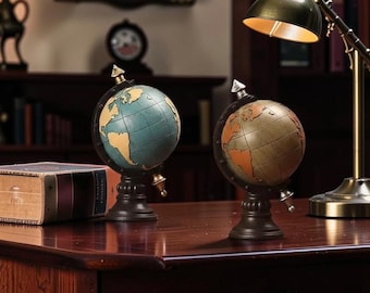 Relógio de mesa vintage com globo terrestre, decoração retrô, relógio de mesa com mapa-múndi, decoração para escritório/estúdio, estilo antigo, enfeite para prateleira, presente.