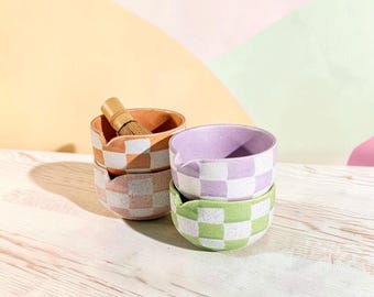 Ceramic Matcha Bowl Set: Checkered Chawan, Japanese Tea Ceremony Cup, Kitchen Decor
