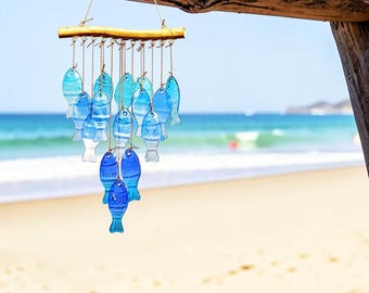 Blauw Glas Windgong Buiten Kust Vis Windgong Opknoping Tuin Decor Strand Huis Patio Decoratie Cadeau