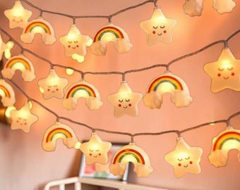 Luzes de Natal Infantis em Formato de Estrela para Decoração de Quarto de Bebê, Luzes de Fada LED Arco-Íris, Luzes de Parede a Bateria para Quarto de Bebê, Luz Noturna