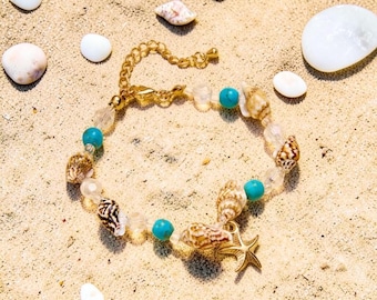 Pulseira de tornozelo boho com conchas, estrela-do-mar, estilo praia, ajustável, joia de verão, pulseira de tornozelo com miçangas fofas, presente para ela.