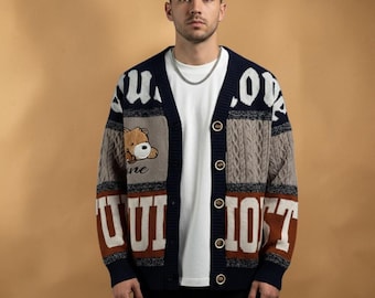 Korean Style Oversized Knit Cardigan Unisex Bear Embroidery Sweater Cozy Streetwear V Neck Chunky Winter Jacket Aesthetic Outfit