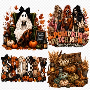 以下が含まれることがあります： 緑の肘掛け椅子に座る幽霊とカボチャ、PUMPKIN PATCH MOMS Fueled by Lattes & Chaosの文字と3体の骸骨、模様入りのSPOOKYの文字、PUMPKIN PATCHの看板とランタンが添えられたカボチャを描いたデジタルイラストセット。
