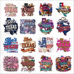 Puede incluir: Una colección de dieciséis diseños gráficos con el texto She's From Texas I Can Tell, que incorporan diversas ilustraciones como botas de vaquero, sombreros, mapas de Texas, cuernos largos, patrones florales y motivos del oeste en colores.