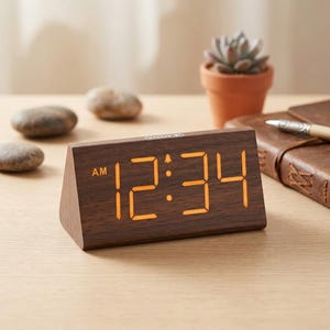 May include: A wooden digital alarm clock displaying 12:34 AM with orange LED numbers. The clock has a triangular shape and a dark brown wood grain finish. The clock is on a light-colored wooden surface.