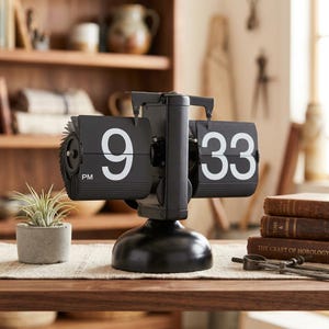 May include: A black flip clock displaying the time as 9:33 PM. The clock has white numerals and sits on a black base. A small potted plant and books are in the background. The clock is a retro style.