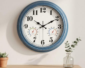 Outdoor Waterproof Wall Clock with Thermometer & Hygrometer – Silent Large Number Weather Resistant Clock for Garden, Patio, Porch and Home