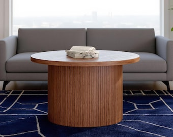 31.5” Round Walnut Coffee Table, Mid Century Modern Tambour Coffee Table, Drum Accent Center Table, Rustic Wood Living Room Table