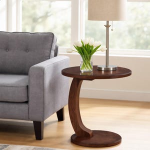 Round C-Shaped End Table, Mid Century Wood Side Table, Small Couch Table, Retro Modern Accent Table for Living Room & Bedroom