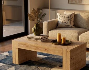 Mesa de centro moderna de madera rústica, mesa de centro rectangular estilo granja, mesa de salón con acabado natural, mesa de centro con patas gruesas para decoración.