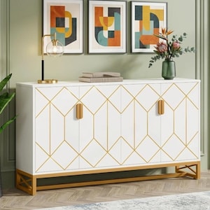 Aparador buffet blanco y dorado de 59" - Mueble de cocina nórdico de lujo - Consola de entrada minimalista - Credenza moderna con almacenamiento