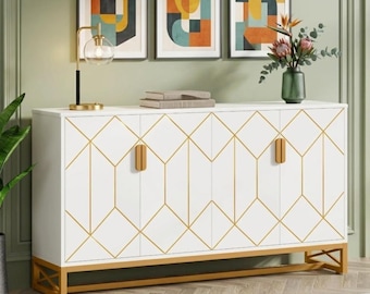 59" wit en goud buffet dressoir - Scandinavische luxe keukenkast - minimalistische entreeconsole - modern dressoir met opbergruimte