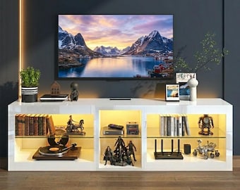 63" Modern LED TV Stand - Nordic White Entertainment Center for 70" TVs - Minimalist Glass Shelf Media Console - Luxury Living Room Storage