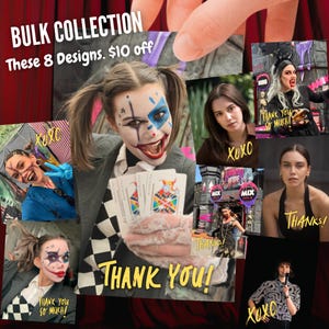 May include: A collage of eight photographs featuring a person in various costumes and makeup styles, including clown face paint, a black dress, and a patterned shirt. The text "BULK COLLECTION", "These 8 Designs", "XOXO", and "THANK YOU!" is visible.