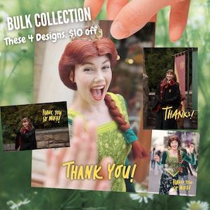 May include: A collection of four photographs featuring a person dressed as a character with auburn hair in a tiara and green dress, and a person in a black robe with a red and gold scarf. The text reads BULK COLLECTION, These 4 Designs. $10 off, and THANK YOU!