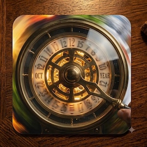 May include: A circular brass calendar device with a rotating inner dial featuring numbers and the text OCT and YEAR. The device has a central pointer arm and a metallic finish, displaying a motion blur effect around the outer edge of the dial.