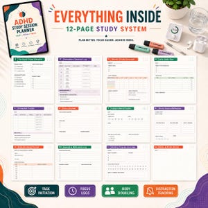 May include: A 12-page ADHD study session planner system featuring a cover page and 12 individual planning sheets. The pages include sections for pre-study checklists, pomodoro logs, weekly overviews, daily plans, distraction trackers, and focus journals.