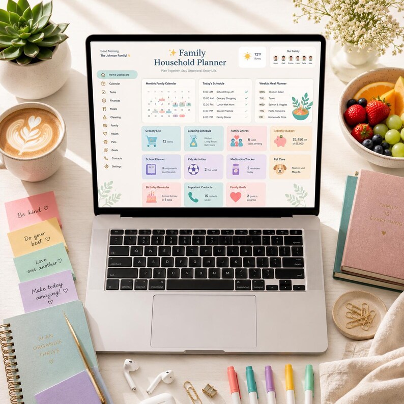 May include: A silver laptop displaying a Family Household Planner digital dashboard with sections for a calendar, schedule, meal planner, grocery list, and budget. The screen shows text including Family Household Planner, Monthly Family Calendar, and Today's Schedule.