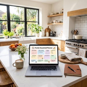May include: A silver laptop displaying a digital Family Household Planner on its screen, featuring colorful sections for schedules, meal planning, chores, and grocery lists, positioned on a white kitchen island next to a coffee mug and a notebook.