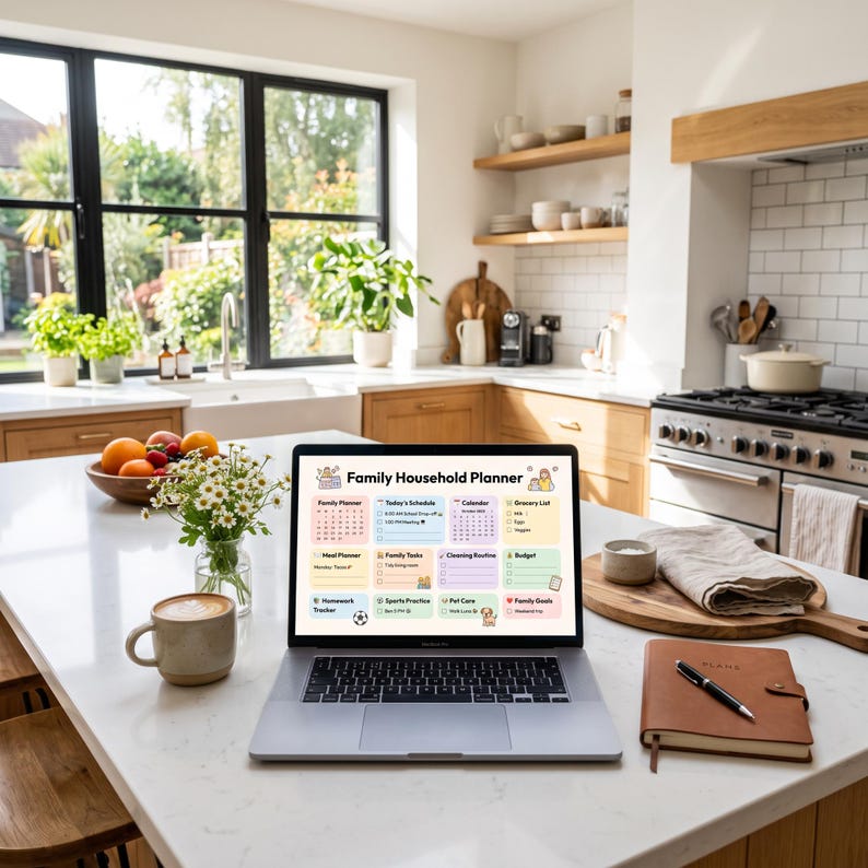 May include: A silver laptop displaying a digital Family Household Planner on its screen, featuring colorful sections for schedules, meal planning, chores, and grocery lists, positioned on a white kitchen island next to a coffee mug and a notebook.