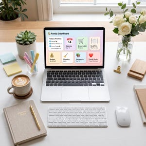 May include: A silver laptop displaying a Family Dashboard interface with icons for calendar, grocery list, meal plan, budget, cleaning, homework, and goals. The screen shows text including Today's Priorities, May 14, and $1,450 left.