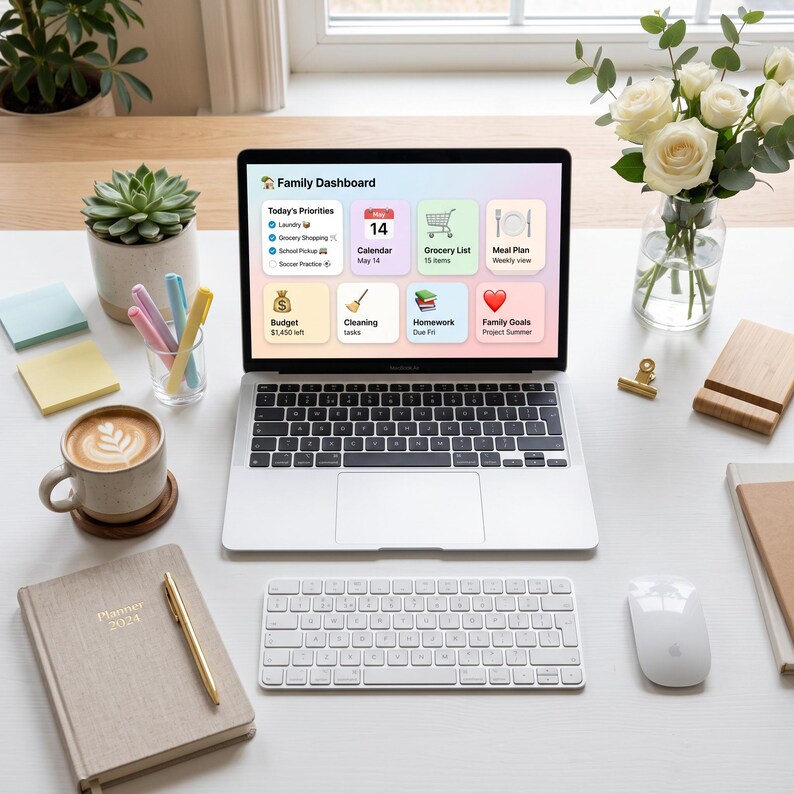 May include: A silver laptop displaying a Family Dashboard interface with icons for calendar, grocery list, meal plan, budget, cleaning, homework, and goals. The screen shows text including Today's Priorities, May 14, and $1,450 left.