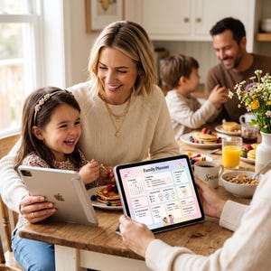 May include: A digital tablet displaying a Family Planner interface with sections for a calendar, meal plan, shopping list, cleaning tasks, budget, school schedule, activities, and birthdays, held at a wooden table with breakfast items.