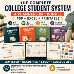 Könnte beinhalten: Das Komplettpaket The Complete College Student System enthält vier Planer: Semester Planner, Assignment & Deadline Planner, Study Session Planner und College Life Admin Kit. Beinhaltet 64 Seiten, 22 Excel-Tabellen, A4- und US-Letter-Formate sowie einen Bonus-Guide.