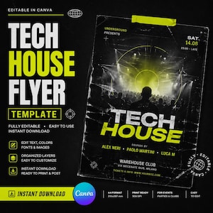 Puede incluir: Plantilla de flyer Tech House en negro y amarillo con el texto "TECH HOUSE FLYER" y detalles del evento. Incluye texto, colores, fuentes e imágenes editables. Descarga instantánea disponible.