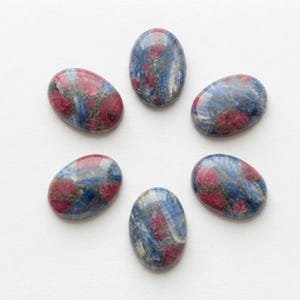 Puede incluir: Seis cabujones de forma ovalada dispuestos en un patrón circular. Cada piedra presenta una superficie pulida con una combinación de colores distintiva de azul profundo e inclusiones de color rojo magenta vibrante y brillante.