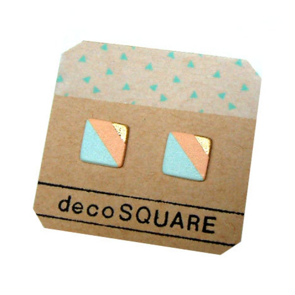 Square stud porcelain earrings- peach, sky blue, gold diagonal- small geometric post earrings 11 mm, minimalist studs, eco-friendly jewelry