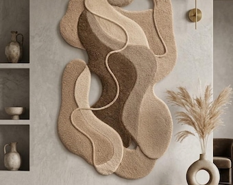 Handgemaakt getuft tapijt abstract neutraal wandkleed, moderne organische beige bruine vezelkunst, sculpturale woldecor, minimalistisch huisaccent