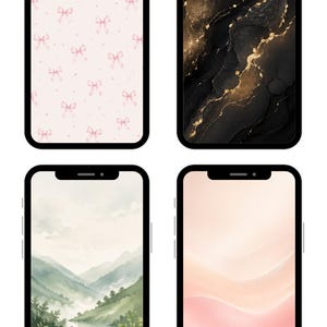 Puede incluir: Cuatro pantallas de teléfonos inteligentes que muestran diferentes fondos de pantalla. Uno presenta un patrón de lazos rosas sobre un fondo rosa claro. Otro muestra un diseño de mármol negro y dorado. El tercero representa un paisaje acuarela. El último tiene un degradado rosa y melocotón.