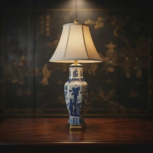May include: A decorative table lamp with a cream-colored lampshade and a blue and white porcelain base. The base features a floral design. The lamp sits on a wooden table. The lamp is lit.