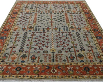 Tapete Oushak Árvore da Vida feito à mão, tapete de lã estilo turco vintage, tapete oriental floral feito à mão, tapete para sala de estar, bege e azul ferrugem