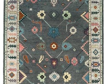 Charcoal Gray Oushak Hand Knotted Rug, Vintage Turkish Wool Rug, Floral Geometric Area Rug, Pastel Oriental Handmade Carpet