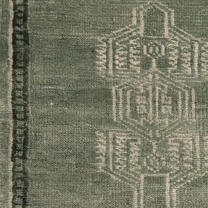Op de afbeelding: Close-up van een groen en wit patroonkleed. Het kleed heeft een geometrisch ontwerp met een centraal patroon en een verticale rand aan de linkerkant. De textuur lijkt zacht en geweven.
