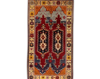 Tapete Oushak de lã feito à mão, tapete turco vintage com medalhão floral.