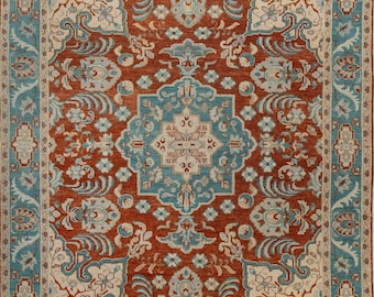 Tapete de lã feito à mão, tapete vintage estilo turco, tapete vermelho e azul, tapete floral feito à mão, tapete oriental para sala de estar.