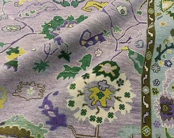 Tapete de lã feito à mão, tapete boho floral lavanda, tapete de sala de estar em estilo vintage.