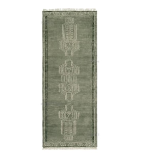 Sage Green Hand Knotted Wool Runner Rug, Geometric Tribal Oushak Style Carpet