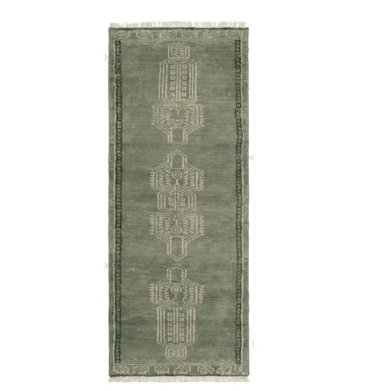 Sage Green Hand Knotted Wool Runner Rug, Geometric Tribal Oushak Style Carpet