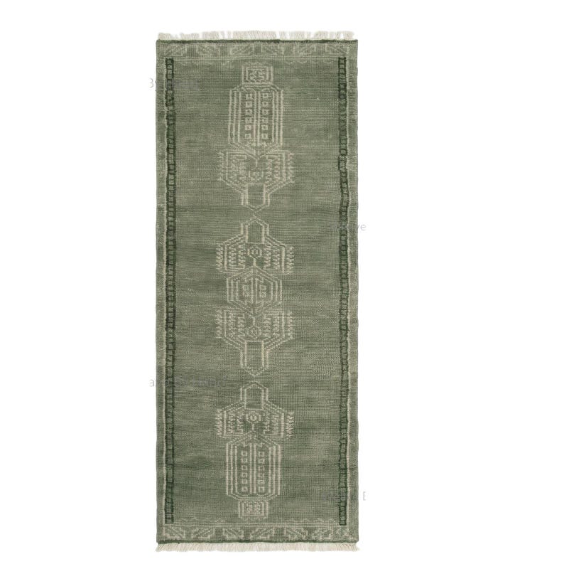Sage Green Hand Knotted Wool Runner Rug, Geometric Tribal Oushak Style Carpet