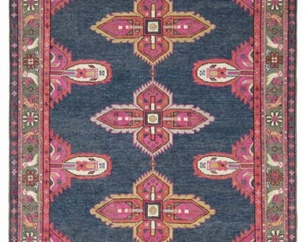 Tapete Oushak feito à mão, estilo vintage, tapete turco rosa e azul, decoração boho com medalhão geométrico
