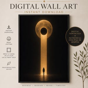 Op de afbeelding: Een ingelijste digitale wandkunstprint met een minimalistisch ontwerp. Het kunstwerk toont een silhouet aan het einde van een gloeiend pad dat leidt naar een cirkelvormige lichtbron tegen een zwarte achtergrond. De tekst "DIGITAL WALL ART" en "INSTANT DOWNLOAD" staan bovenaan.