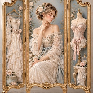 Vintage Rococo Dressing Screen Print – Romantic Lady Lace Dress Corset Art (Digital Download)