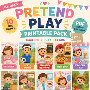 Może przedstawiać: Kolorowy pakiet do druku "Pretend Play" z 10 zabawnymi motywami, takimi jak przyjęcie herbaciane i pizzeria. Pakiet promuje wyobraźnię i naukę, z ponad 125 stronami do natychmiastowego pobrania.