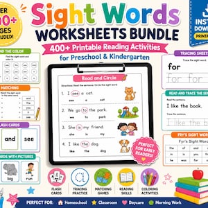Puede incluir: Un colorido paquete de hojas de trabajo educativas para preescolar y jardín de infancia. La imagen presenta actividades de palabras de uso frecuente, incluyendo ejercicios de trazo, emparejamiento y lectura. Incluye tarjetas didácticas y actividades para colorear.