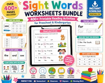 400+ Sight Words Flashcards and Worksheets | Preschool, Kindergarten Reading Activities (Digital Download)