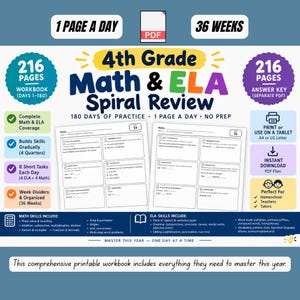 Puede incluir: Un libro de ejercicios 4th Grade Math & ELA Spiral Review con 216 páginas para 180 días de práctica. El PDF digital incluye 36 semanas de contenido, claves de respuestas y cubre habilidades matemáticas, gramática y vocabulario de cuarto grado.
